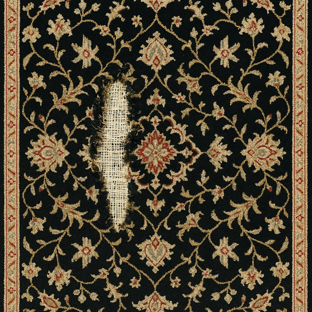 Hand-knotted rug showing moth damage, worn fringe, and holes before our repair work.
