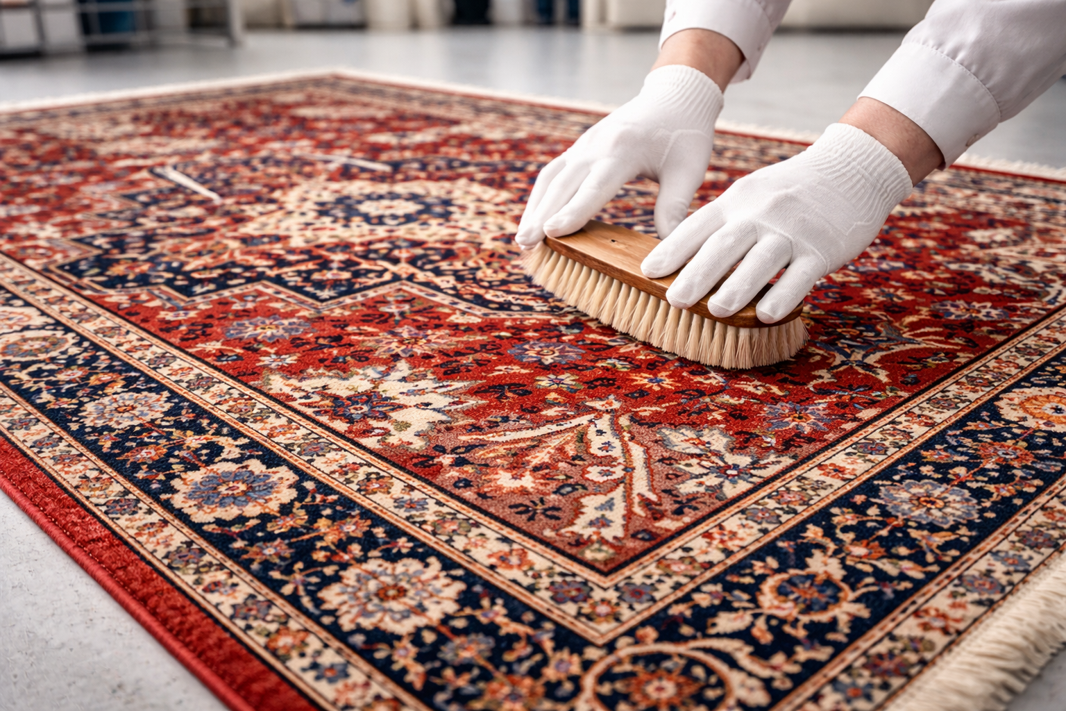 Person cleaning a Persian rug