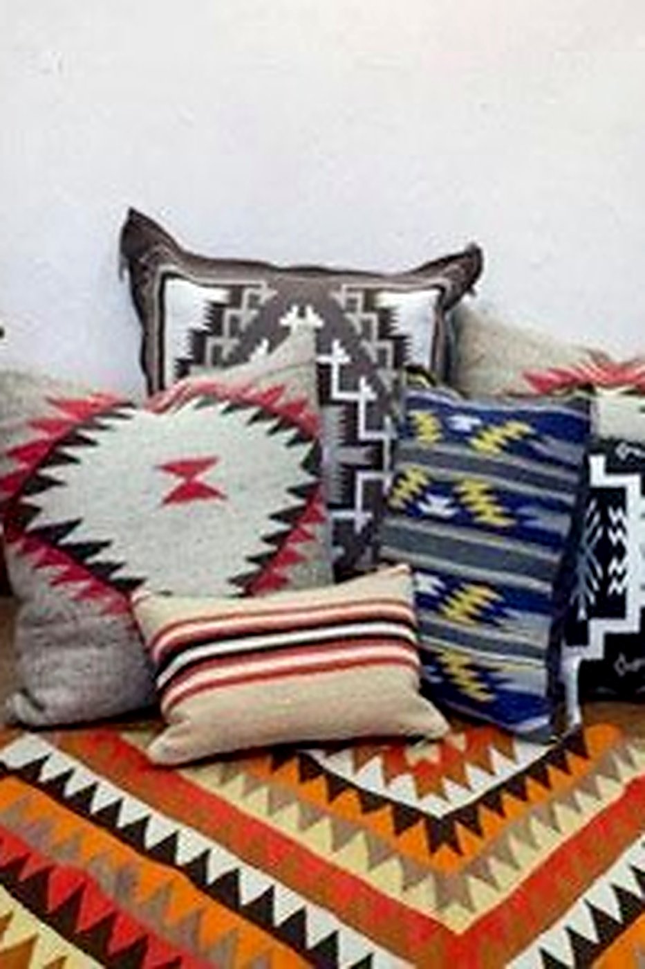 Authentic Navajo flat-weave rug and pillows from a Bay Area home, cleaned by ABC Decorative Rugs using cold-water hand wash.