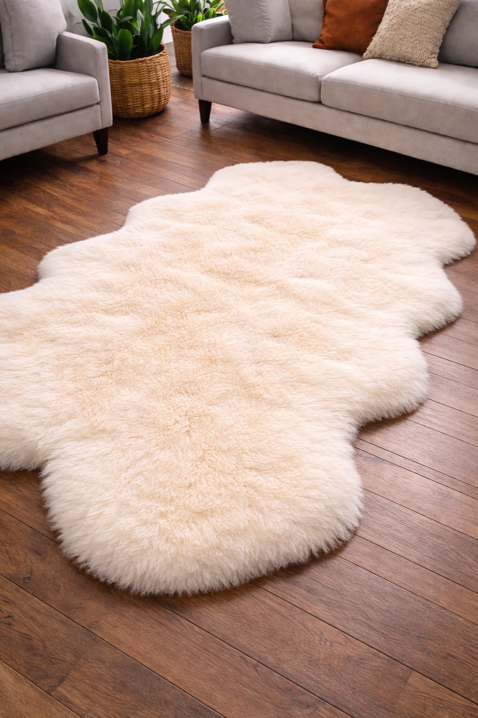 A hand-washed cream sheepskin rug on hardwood flooring — cleaned by ABC Decorative Rugs